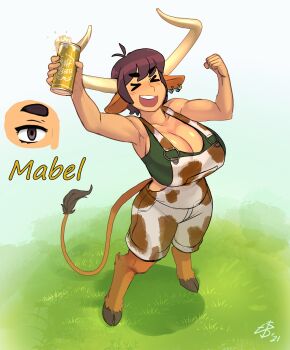&gt;_&lt; 1girl :d absurdres ahoge alcohol animal_ears animal_print arms_up artist_logo beer black_eyes blue_sky borrowed_character breasts brown_hair can character_name clenched_hand clenched_hands close-up closed_eyes commentary commission cow_ears cow_girl cow_horns cow_print cow_tail crop_top ear_piercing english_commentary enrique_bolatre female_focus foreshortening green_shirt halterneck happy hay highres holding holding_can hooves horns huge_breasts logo mabel_(mcwafflez) muscular muscular_female open_mouth original outdoors piercing shade shiny_skin shirt short_hair sky smile sun suspenders tail tan teeth thick_thighs thighs upper_teeth_only xd