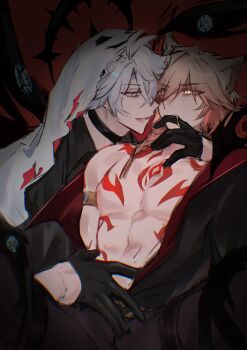 2boys absurdres antenna_hair arm_tattoo armlet biting_another&#039;s_finger black_choker black_coat black_gloves black_shirt blonde_hair blue_eyes braid chest_tattoo chinese_commentary choker coat commentary_request facial_tattoo fingerless_gloves gloves gradient_hair halloween_costume highres honkai:_star_rail honkai_(series) jewelry male_focus medium_hair multicolored_hair multiple_boys mydei_(honkai:_star_rail) neck_tattoo open_clothes open_coat parted_bangs phainon_(honkai:_star_rail) red_hair red_tattoo shirt short_hair side_braid sun_symbol sun_tattoo tan tattoo white_hair xiran_727 yaoi yellow_blood yellow_eyes
