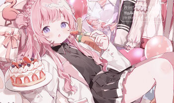 1girl :o absurdres balloon bird birthday birthday_cake black_shirt black_skirt box braid bun_with_braided_base cake commentary_request double_bun feet_out_of_frame flamingo food fork fruit gift gift_box hair_bun highres holding holding_fork indoors jacket long_hair long_sleeves looking_at_viewer lying nijisanji on_back open_clothes open_jacket open_mouth pink_hair plate pleated_skirt purple_eyes shirt skirt solo strawberry suo_sango suo_sango_(1st_costume) suo_sango_(2nd_costume) suo_sango_(3rd_costume) tobun_sub unworn_clothes virtual_youtuber white_jacket