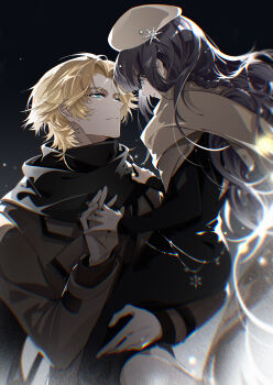 1boy 1girl beret black_background black_dress black_hair black_nails black_scarf blonde_hair blue_eyes braid brown_coat brown_hat brown_scarf carrying carrying_person chromatic_aberration closed_mouth coat coldiron dress eye_contact gloves hair_ornament hand_on_another&#039;s_shoulder hat heroine_(lovebrush_chronicles) hetero highres holding_hands hug interlocked_fingers lars_rorschach long_hair long_sleeves looking_at_another lovebrush_chronicles nail_polish parted_lips purple_eyes purple_hair scarf short_hair side_braid single_braid snow snowflake_ornament snowing winter_clothes