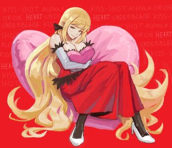 absurdly_long_hair bare_shoulders black_pantyhose black_ribbon blonde_hair box breasts character_name cleavage elbow_gloves feather-trimmed_gloves feather-trimmed_shirt full_body gloves hair_ribbon heart heart-shaped_box heart-shaped_pillow high_heels hugging_object kiss-shot_acerola-orion_heart-under-blade knees_together_feet_apart knees_up large_breasts long_hair mature_female monogatari_(series) oshino_shinobu pantyhose pillow pink_box pink_pillow red_background ribbon ricman_rt shirt shoes sitting skirt skirt_set smile strapless strapless_shirt text_background very_long_hair white_gloves white_shoes