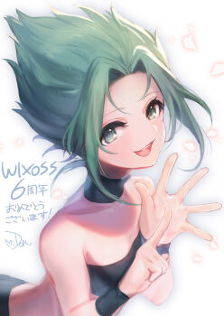 1girl black_choker black_tube_top choker dqn_(dqnww) green_eyes green_hair highres looking_at_viewer midoriko_(wixoss) open_mouth parted_bangs smile solo spiked_hair strapless teeth tube_top upper_teeth_only white_background wixoss