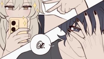 1boy 1girl alternate_costume alternate_universe anger_vein annoyed ayanime_aya bare_shoulders black_eyes black_hair black_nails black_shirt blonde_hair bright_pupils brown_eyes closed_mouth collarbone contemporary eyelashes eyeliner eyeshadow fingernails genshin_impact hair_between_eyes hand_over_face hand_up hetero highres holding holding_phone lumine_(genshin_impact) makeup open_hand phone red_eyeliner red_eyeshadow scaramouche_(genshin_impact) shirt short_hair short_hair_with_long_locks sidelocks split_screen spoken_squiggle squiggle taking_picture v v-shaped_eyebrows white_pupils