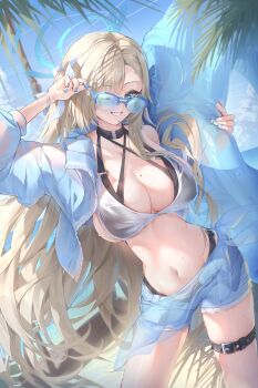 1girl adjusting_eyewear asuna_(blue_archive) beach bikini black_bikini blonde_hair blue-framed_eyewear blue-tinted_eyewear blue_archive blue_coat blue_eyes blue_halo blue_jacket blue_nails blue_shorts breasts cleavage coat commentary contrapposto day fingernails hair_over_one_eye halo highres holding holding_swim_ring innertube jacket jacket_partially_removed large_breasts long_hair looking_at_viewer mole mole_on_breast nail_polish navel norimori one_eye_covered open_clothes open_coat open_jacket outdoors palm_tree revision semi-rimless_eyewear shorts smile solo sunglasses swim_ring swimsuit thigh_strap tinted_eyewear tree very_long_hair