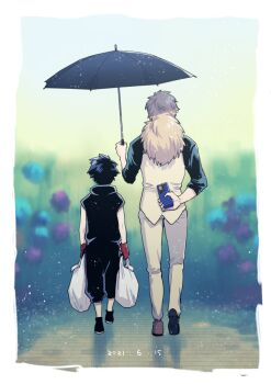 2boys back black_hair border dated gloves holding holding_umbrella inugami_kohachi kbr_oekaki kemono_jihen kusaka_kabane long_hair male_focus multiple_boys rain red_gloves shared_umbrella short_hair standing umbrella white_border