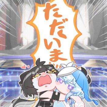 2girls black_hair blue_hair blue_veil bright_pupils cheek-to-cheek chibi chibi_only closed_eyes colored_eyelashes commentary_request crying female_rover_(wuthering_waves) heads_together heart highres hug long_hair looking_at_viewer low_ponytail multiple_girls no_mouth ponytail purple_eyes rover_(wuthering_waves) shorekeeper_(wuthering_waves) starblame streaming_tears tears two-tone_veil veil white_pupils white_veil wuthering_waves