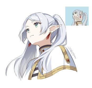 1girl capelet earrings elf frieren green_eyes grey_hair hair_over_shoulder ika_(4801055) jewelry long_hair long_pointy_ears looking_up meme parted_bangs pointy_ears shirt simple_background solo sousou_no_frieren striped_clothes teardrop_earrings twintails upper_body upward_angle_frieren_drawing_(meme) white_background white_capelet white_hair