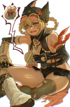 1girl asymmetrical_clothes asymmetrical_legwear backlighting bandana bandana_around_arm bare_shoulders beanie black_hat black_shorts blonde_hair braid braided_hair_rings breasts center_opening chromatic_aberration commentary compass detached_sleeves english_commentary eyewear_on_head fang fingerless_gloves furrowed_brow genshin_impact gloves hair_between_eyes hair_rings hand_on_own_knee hat highres holding_compass jahoda_(genshin_impact) jewelry kiegenshin leotard looking_at_object mechanical_arms motion_blur open_mouth pendant pink-tinted_eyewear prosthesis prosthetic_arm scarf shiny_skin shoes short_shorts shorts simple_background single_mechanical_arm single_sleeve single_thighhigh sitting skin_fang skindentation small_breasts solo spinning star-shaped_pupils star_(symbol) sunglasses symbol-shaped_pupils thighhighs tinted_eyewear torn_clothes torn_thighhighs white_background worried x_hat_ornament yellow_eyes