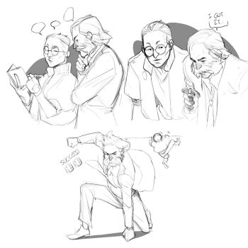 2boys blazer bomber_jacket commentary dice disco_elysium english_commentary facial_hair full_body glasses greyscale hair_slicked_back harry_du_bois highres holding holding_notebook holding_pen jacket kim_kitsuragi monochrome multiple_boys mutton_chops notebook nurve26 on_one_knee pen short_hair speech_bubble upper_body wind wind_lift