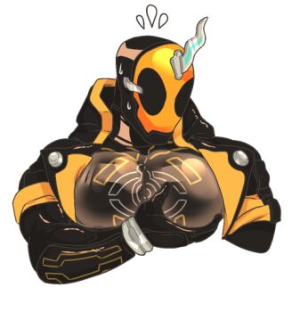 1boy armor bara bara_tits black_armor black_eyes ghost helmet horns jacket kamen_rider kamen_rider_ghost kamen_rider_ghost_(series) large_pectorals male_focus mask masked masked_male nervous nervous_sweating orange_armor pectoral_focus pectoral_squeeze pectorals portrait sweat sweatdrop tenkuuji_takeru transparent_background