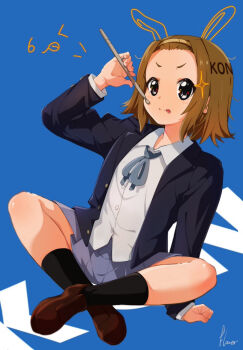 1girl :p animal_ears arm_support avarangers black_eyes black_jacket black_socks blue_background blue_skirt brown_hair brown_shoes commentary copyright_name dress_shirt drumsticks fake_animal_ears forehead full_body headband highres holding holding_drumsticks indian_style jacket k-on! layered_sleeves looking_at_viewer neck_ribbon pleated_skirt ribbon sakuragaoka_high_school_uniform school_uniform shirt shoes short_hair simple_background sitting skirt socks solo tainaka_ritsu tongue tongue_out white_shirt yellow_headband