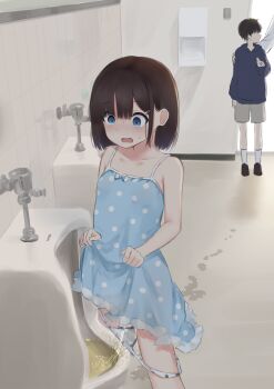 1boy 1girl blue_dress blue_eyes brown_hair commentary dress flat_chest frilled_dress frills highres indoors kanekan medium_hair open_mouth original panties panty_pull pee peeing polka_dot polka_dot_dress polka_dot_panties solo_focus standing sundress underwear urinal urinal_use wet wet_clothes wet_panties white_panties