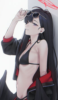 Rule 34 | 1girl, adjusting eyewear, arm up, bare shoulders, bikini, black bikini, black hair, black jacket, black wings, blue archive, breasts, collarbone, day, eyewear on head, feathered wings, from side, grey eyes, halo, halterneck, highres, ichika (blue archive), ichika (swimsuit) (blue archive), jacket, long hair, looking at viewer, low wings, mikazuchi zeus, o-ring, o-ring bikini, o-ring top, off shoulder, official alternate costume, open clothes, open jacket, parted lips, red halo, small breasts, smile, solo, standing, sunglasses, sunlight, swimsuit, wings