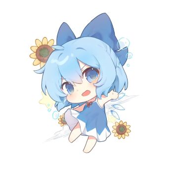 Rule 34 | 1girl, blue bow, blue dress, blue eyes, blue hair, blush, bow, chibi, chibi only, cirno, commentary, detached wings, dress, flower, full body, hair between eyes, hair bow, highres, ice, ice wings, looking at viewer, neck ribbon, open mouth, red ribbon, ribbon, sleeveless, sleeveless dress, solo, sunflower, touhou, wings, yellow flower, yuanyuanshao