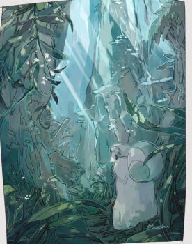 1boy aqua_theme backpack bag black_pants border cape commentary_request covered_face facing_viewer foliage from_behind green_theme gyarike helmet hood hood_up hooded_cape leaf light_beam made_in_abyss male_focus monochrome nature outdoors pants plant sketch solo standing toge_(owannun) twitter_username vines white_border wide_shot