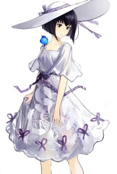 1girl absurdres bird black_eyes black_hair breasts dress hat highres kuonji_alice lost_robin_rondo mahou_tsukai_no_yoru medium_breasts short_hair sun_hat white_dress white_hat yotsutsu428