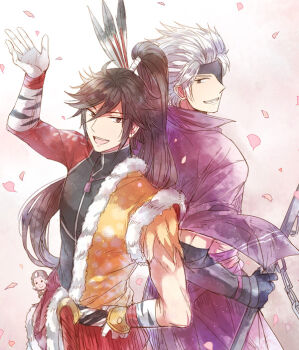 2boys arm_up black_gloves brown_eyes brown_hair chousokabe_motochika_(sengoku_basara) eyepatch feather_hair_ornament feathers fur_trim gloves gradient_background grin hair_ornament hand_on_own_wrist holding jacket jacket_on_shoulders japanese_clothes long_hair looking_at_another looking_at_viewer looking_back maeda_keiji_(sengoku_basara) male_focus monkey multiple_boys pink_petals ponytail purple_jacket sengoku_basara short_hair smile toruglose upper_body white_background white_gloves white_hair yumekichi