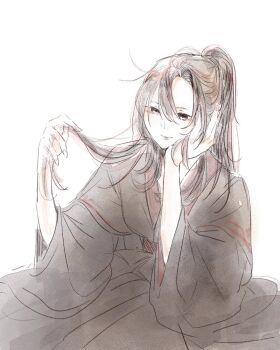Rule 34 | 1boy, ahoge, black hair, black hanfu, chinese clothes, closed mouth, commentary request, grey eyes, hair between eyes, hand on own cheek, hand on own face, hanfu, head rest, holding, holding own hair, k a k, long hair, long sleeves, male focus, modao zushi, ponytail, robe, sidelocks, simple background, sitting, sketch, smile, solo, wei wuxian, white background, wide sleeves