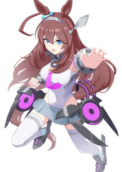 Rule 34 | 1girl, ahoge, animal ears, bare shoulders, blue eyes, breasts, brown hair, clenched hand, commentary request, covered navel, detached sleeves, grey hairband, grey leotard, grey skirt, grey sleeves, hair between eyes, hairband, highres, horse ears, horse girl, horse tail, large breasts, leotard, long hair, looking at viewer, lowleg, lowleg skirt, mihono bourbon (mb-19890425) (umamusume), mihono bourbon (umamusume), necktie, open mouth, outstretched arm, pink necktie, silver hairband, simple background, skirt, solo, standing, standing on one leg, tail, thighhighs, umamusume, white background, white leotard, white thighhighs, yukke jan