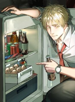 1boy alcohol artist_name axis_powers_hetalia beer black_pants blonde_hair bottle can cola collarbone collared_shirt commentary drink_can egg english_commentary green_eyes hands_up highres holding holding_bottle indoors long_sleeves looking_at_viewer male_focus necktie pants pointing red_necktie refrigerator shadow shirt short_hair soda_can solo squatting teeth united_kingdom_(hetalia) watch white_shirt wristwatch zhongerweiyuan