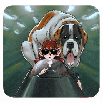 1boy aatom87 black_shirt brown_hair chilchuck_tims commentary contemporary dog driving dungeon_meshi english_commentary expressionless hand_hair highres male_focus shirt st._bernard sunglasses