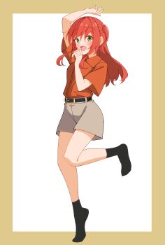 Rule 34 | 1girl, :d, absurdres, arm up, belt, belt buckle, black belt, black socks, bocchi the rock!, border, brown border, buckle, choppy bangs, collared shirt, commentary request, full body, green eyes, grey shorts, hair between eyes, hand up, highres, kita ikuyo, leg up, long bangs, long hair, no shoes, one side up, open mouth, outside border, red eyes, red shirt, shirt, shirt tucked in, shorts, simple background, smile, socks, solo, spell phd, standing, standing on one leg, white background