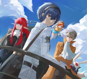 Rule 34 | 2girls, 3boys, ascot, blue eyes, blue hair, blunt bangs, colored skin, crossed arms, fairy, fairy wings, gallica (metaphor: refantazio), grey eyes, grey hair, heismay (metaphor: refantazio), heterochromia, high collar, highres, hime cut, horns, hulkenberg (metaphor: refantazio), konchi (63438789), long hair, long pointy ears, long sleeves, looking at viewer, metaphor: refantazio, multiple boys, multiple girls, pointy ears, protagonist (metaphor: refantazio), red eyes, red hair, short hair, sky, smile, strohl (metaphor: refantazio), very long ears, white ascot, white skin, wing flapping, wings, yellow eyes