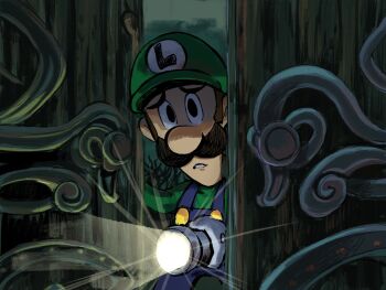 1boy black_eyes blue_overalls brown_hair cowboy_shot facial_hair green_hat green_shirt hat highres holding holding_lantern lantern long_sleeves looking_at_viewer luigi luigi&#039;s_mansion male_focus mario_(series) mustache nintendo open_door overalls parted_lips shirt solo teeth yamari_(ya_mari_6363)