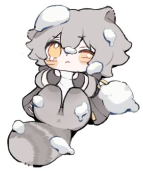 1boy animal_ears black_coat black_gloves blush caelus_(honkai:_star_rail) chibi chibi_only closed_mouth coat fingerless_gloves full_body gloves grey_hair hair_between_eyes honkai:_star_rail honkai_(series) kemonomimi_mode legs_up leonrui long_sleeves looking_at_viewer lowres lying male_focus on_back one_eye_closed open_clothes open_coat raccoon_ears raccoon_tail shirt short_hair simple_background snow snow_on_head solo t-shirt tail tearing_up trailblazer_(honkai:_star_rail) white_background white_shirt yellow_eyes