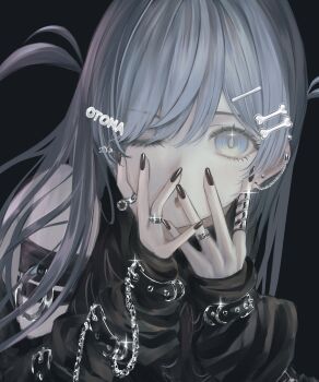 1girl :o absurdres arm_warmers black_arm_warmers black_background black_nails bone_hair_ornament eyelashes grey_eyes grey_hair hair_ornament hairclip hands_on_own_face hashtag-only_commentary highres jewelry long_hair looking_at_viewer multiple_rings nail_polish niya_(2ya28) one_eye_closed ring simple_background solo two_side_up upper_body virtual_youtuber vspo! yano_kuromu yano_kuromu_(1st_costume)