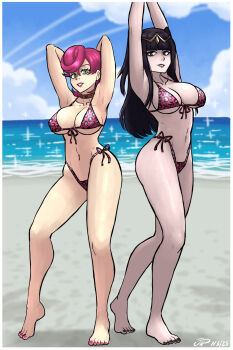 2girls armpits arms_behind_head arms_up barefoot bikini breasts choker cleavage curvy female_focus fire_emblem fire_emblem_awakening full_body green_eyes highres jojo_no_kimyou_na_bouken large_breasts lipstick long_hair looking_at_viewer makeup multiple_girls nail_polish navel nintendo pale_skin pink_hair short_hair smile swimsuit tharja_(fire_emblem) thong_bikini toenail_polish toenails trish_una videajames