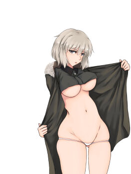 1girl :p breasts coat commentary_request fur_trim grey_eyes grey_hair highres huberta_von_bonin isosceles_triangle_(xyzxyzxyz) large_breasts looking_at_viewer military military_uniform navel no_pants open_clothes open_coat panties short_hair solo tongue tongue_out underboob underwear white_panties world_witches_series