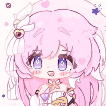 1girl bare_shoulders blush_stickers chinese_commentary commentary_request corset diamond-shaped_pupils diamond_(shape) elysia_(herrscher_of_human:_ego)_(honkai_impact) elysia_(honkai_impact) honkai_(series) honkai_impact_3rd ling280945 long_hair multicolored_hair pink_hair purple_eyes smile solo star_(symbol) symbol-shaped_pupils two-tone_hair veil very_long_hair white_background white_corset white_hair white_veil