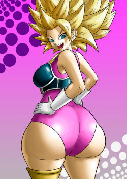1girl abemusnaculo armor ass ass_focus blonde_hair blue_eyes breasts caulifla cosplay dragon_ball dragon_ball_super dragonball_z huge_ass large_breasts open_mouth saiyan seripa seripa_(cosplay) smile spiked_hair super_saiyan super_saiyan_2 thick_thighs thighs