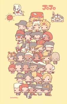 6+boys 6+girls alessi animal animal_print ankh anubis_(stand) bald balding bird black_hair black_headwear black_tank_top blonde_hair boingo bug character_request chibi chibi_only closed_eyes daniel_j._d&#039;arby devo_(character) dog dreadlocks earrings enya_geil everyone expressionless facial_hair fangs flattop fly forever_(jojo) freckles full_body gray_fly_(jojo) hat hol_horse hood iggy_(jojo) imposter_captain_tennille insect j._geil jean_pierre_polnareff jewelry jojo_no_kimyou_na_bouken joseph_joestar kakyoin_noriaki kenny_g kotorai kujo_holy kuujou_joutarou licking_lips liver_spots long_hair malena_(jojo) mannish_boy midler mohammed_avdol multiple_boys multiple_girls mustache n&#039;doul nukesaku oingo old old_man old_woman open_mouth overalls pet_shop red-tinted_eyewear red_hair red_hood red_shirt rubber_soul runaway_girl_(jojo) scar scar_on_chest sharp_teeth shirt short_hair signature smile solid_oval_eyes star_(symbol) stardust_crusaders sword tank_top teeth terence_t._d&#039;arby tiger_print tinted_eyewear tongue tongue_out vanilla_ice veil weapon white_hair white_overalls wilson_philips yellow_background yellow_headwear