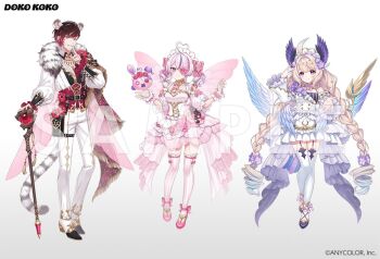 Rule 34 | 1boy, 2girls, ahoge, anemone (flower), animal ears, asymmetrical wings, back bow, beckoning, belt, belt buckle, belt pouch, black belt, black hair, blonde hair, blue hair, blue wings, bow, bow legwear, bowtie, braid, buckle, cane, cape, center-flap bangs, closed mouth, clothing cutout, commentary, copyright notice, corset, crescent print, cross-laced clothes, cross-laced sleeves, detached collar, detached leggings, detached sleeves, dress, dress flower, english commentary, enna alouette, fairy, fairy wings, feathered wings, finger to mouth, fishnet gloves, fishnet top, fishnets, floating, floating object, floral dress, flower, flower eyepatch, flower ornament, frilled dress, frilled sleeves, frills, fringe-trimmed cape, fringe trim, full body, fur-trimmed cape, fur trim, garter straps, gem, gloves, gold trim, gradient clothes, gradient dress, gradient hair, hair bow, hair flower, hair intakes, hair ornament, hand up, hands up, head wings, headdress, heart, heart ahoge, high-low dress, high heels, holding, holding cane, jewelry, kemonomimi mode, leggings, lineup, long hair, long sleeves, looking at viewer, low twin braids, low wings, maria marionette, marippet (maria marionette), mechanical wings, multicolored hair, multiple girls, multiple wings, necklace, nightcat, nijisanji, nijisanji en, object floating above hand, official art, one eye covered, pants, parted lips, pink bow, pink bowtie, pink dress, pink eyes, pink flower, pink hair, pink rose, pink shoes, pink thighhighs, pink wings, pointy ears, pouch, puffy long sleeves, puffy sleeves, pumps, purple bow, purple bowtie, purple dress, purple eyes, purple flower, purple hair, purple shoes, purple wings, red cape, red corset, red eyes, red flower, red gemstone, red hair, ringlets, rose, sample watermark, shirt, shoes, short hair, short twintails, shoulder cutout, shushing, side cape, sidelocks, simple background, single-shoulder dress, single bare shoulder, single detached sleeve, sir ventrilo (maria marionette), smile, standing, star (symbol), star hair ornament, streaked hair, striped clothes, striped thighhighs, stuffed animal, stuffed rabbit, stuffed toy, swept bangs, tail, thigh strap, thighhighs, three-quarter sleeves, tiger boy, tiger ears, tiger tail, twin braids, twintails, v-neck, ver vermillion, vertical-striped clothes, vertical-striped thighhighs, very long hair, virtual youtuber, watermark, white background, white corset, white dress, white gloves, white leggings, white pants, white shirt, white shoes, white thighhighs, wings, wrist cuffs, wrist flower