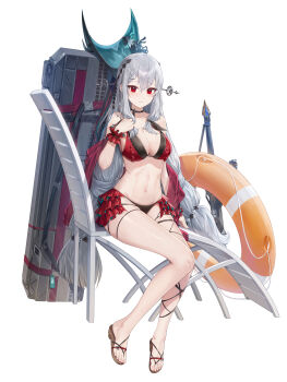 1girl arknights bare_legs bare_shoulders bikini black_bikini black_choker blue_hat breasts case chair choker cleavage closed_mouth cryturtle frilled_bikini frills frown hair_ornament hairpin hat highres innertube large_breasts legs long_hair looking_at_viewer low_twintails multicolored_bikini navel red_bikini red_eyes sandals scrunchie sitting skadi_(arknights) skadi_the_corrupting_heart_(arknights) skindentation solo stomach string_bikini swim_ring swimsuit sword thigh_strap thighs twintails two-tone_bikini unworn_hat unworn_headwear very_long_hair weapon white_hair wrist_scrunchie