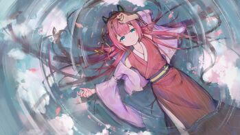 Rule 34 | 1girl, absurdres, arm up, bare shoulders, blue eyes, blue sky, blunt bangs, blush, braid, chinese commentary, closed mouth, cloud, collarbone, commentary request, day, dutch angle, fake horns, feet out of frame, floating hair, from above, hair ornament, hair spread out, hairclip, highres, holding, horns, japanese clothes, kamiyama shiki, kimono, long hair, long sleeves, looking at viewer, luzhou zzz, lying, on back, open clothes, open kimono, outdoors, outstretched arm, petals, petals on liquid, pink kimono, ponytail, red hair, red kimono, reflection, reflective liquid, ripples, sidelocks, sky, sleeveless, sleeveless kimono, smile, solo, striped clothes, striped kimono, summer pockets, tassel, tassel hair ornament, twin braids, vertical-striped clothes, vertical-striped kimono, very long hair, water, wide sleeves