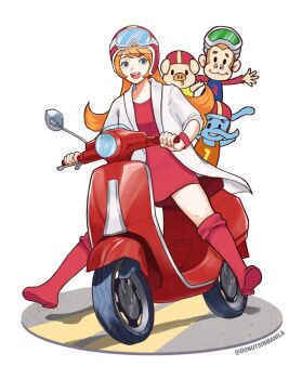 1girl blue_eyes boots coat donutsinmanila dress elephant helmet highres long_hair mona_(warioware) monkey motor_vehicle motorcycle nintendo orange_hair pig short_dress warioware