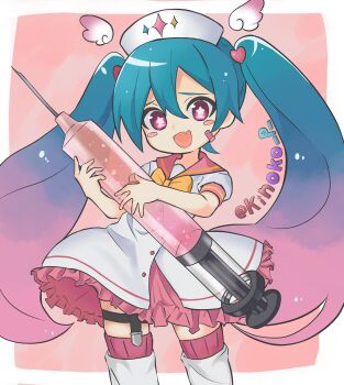 Rule 34 | 1girl, absurdres, bandaid, bandaid on cheek, bandaid on face, blue hair, blush stickers, bow, bowtie, cowboy shot, detached wings, dress, frilled dress, frills, gradient hair, hair ornament, hat, hatsune miku, heart, heart hair ornament, highres, kinoko p, legwear garter, long hair, looking at viewer, m@gical cure! love shot! (vocaloid), multicolored hair, nurse cap, open mouth, oversized object, pink eyes, pink hair, sailor collar, sailor dress, short sleeves, single legwear garter, smile, solo, star-shaped pupils, star (symbol), symbol-shaped pupils, thighhighs, twintails, twitter username, very long hair, vocaloid, wings