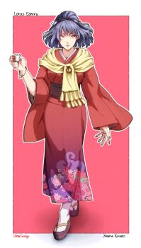 Rule 34 | 1girl, absurdres, blue hair, brooch, brown sash, commentary, cup, earrings, english commentary, floral print, full body, highres, holding, holding cup, japanese clothes, jewelry, kimono, lips, long sleeves, lotus eaters, official alternate costume, ofuda earrings, platform sandals, red eyes, red kimono, red nails, rope, sandals, scarf, shimenawa, slit pupils, socks, solo, touhou, ultragruntyy, white socks, wide sleeves, yasaka kanako, yellow scarf