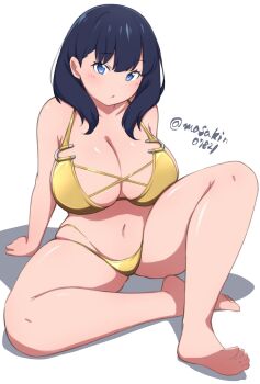 1girl bikini black_hair blue_eyes blush breasts cleavage feet florida_bikini gluteal_fold gold_bikini gridman_universe highleg highleg_bikini huge_breasts knee_up layered_bikini leaning_back legs_apart masakin medium_hair navel open_mouth sitting skindentation solo ssss.gridman swimsuit takarada_rikka thick_thighs thighs twitter_username white_background