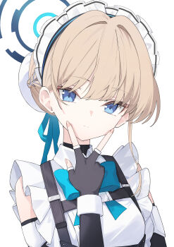 Rule 34 | 1girl, absurdres, black gloves, blonde hair, blue archive, blue eyes, blue halo, chest harness, commentary, fingerless gloves, gloves, halo, harness, highres, lisu, looking at viewer, maid headdress, simple background, solo, toki (blue archive), upper body, white background