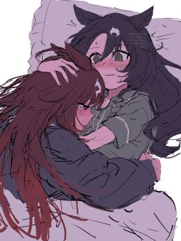 Rule 34 | 2girls, @ @, absurdres, alternate costume, alternate hairstyle, animal ears, baryumejuya, black hair, blue eyes, brown hair, commentary, crying, duramente (umamusume), english commentary, green eyes, hair between eyes, hand on another's head, headpat, highres, horse ears, horse girl, hug, long hair, long sleeves, multicolored hair, multiple girls, pajamas, satono crown (umamusume), short sleeves, umamusume, waking up, white hair