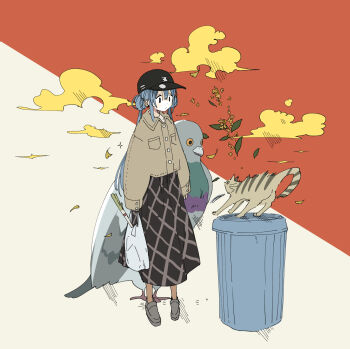 1girl alternate_costume alternate_hairstyle animal bag baseball_cap bird black_hat blue_hair brown_jacket cat cloud commentary full_body grey_shoes hashimochi hat hatsune_miku highres holding holding_bag jacket long_skirt long_sleeves oversized_animal pigeon plaid_clothes plaid_skirt shoes skirt solo spring_onion standing surprised symbol-only_commentary trash_can vocaloid