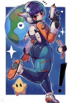 1girl absurdres ass blunt_bangs bodysuit earth_(planet) from_behind gloves gun helmet highres holding holding_gun holding_weapon juno_(overwatch) looking_at_viewer looking_back luma_(mario) mario_(series) nintendo overwatch overwatch_2 planet purple_hair red_eyes short_hair solo space spacesuit super_mario_galaxy thick_thighs thighs tony_welt weapon