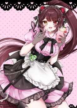 1girl :d absurdres animal_hair_ornament apron bat_wings black_bow black_bowtie black_headdress black_skirt black_tail black_wings blush bow bowtie breasts brown_hair cafe_cutemare_uniform cherry collar commentary_request cowboy_shot dated demon_tail detached_collar dog_girl fangs food frilled_apron frilled_shirt frilled_skirt frills fruit gloves grey_gloves hair_bow hair_ornament hands_up heart heart_hair_ornament heart_pendant heterochromia high-waist_skirt highres holding holding_food holding_spoon ice_cream ice_cream_float inui_toko layered_skirt long_hair maid maid_headdress medium_breasts mini_wings miniskirt name_tag nijisanji open_mouth pendant_collar pink_background pink_collar pink_shirt pink_skirt polka_dot polka_dot_background ponytail puffy_short_sleeves puffy_sleeves red_eyes shirt shirt_tucked_in short_sleeves signature skirt smile solo spoon tail very_long_hair virtual_youtuber waist_apron white_apron white_bow wings yellow_eyes yuzuca_(trickster4594)