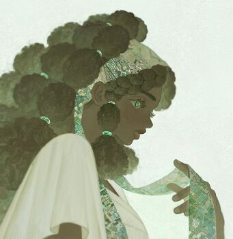 1girl black_hair braid dark-skinned_female dark_skin eyelashes george_park green_eyes hand_up highres long_hair profile solo upper_body white_background