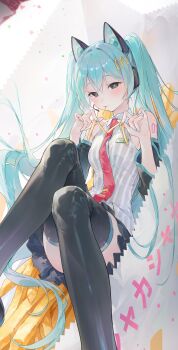 1girl absurdres animal_ear_headphones animal_ears aqua_hair aqua_nails bare_shoulders black_skirt black_sleeves black_thighhighs cat_ear_headphones cat_ears chap_sal_! closed_mouth collared_shirt commentary_request detached_sleeves fake_animal_ears food food_in_mouth french_fries green_eyes hatsune_miku headphones headset highres holding holding_food knees_up long_hair long_sleeves looking_at_viewer mcdonald&#039;s miniskirt necktie pleated_skirt red_necktie shakacat shirt skirt sleeveless sleeveless_shirt smile solo striped_clothes striped_shirt thighhighs twintails vertical-striped_clothes vertical-striped_shirt very_long_hair vocaloid