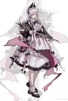 1girl absurdres ambience_synesthesia ankle_socks apron arknights black_bow black_gloves black_shoes bow dot_nose explosion full_body gloves grey_hair head_wings highres irene_(arknights) irene_(voyage_of_feathers)_(arknights) lantern loafers long_hair long_sleeves looking_at_viewer maid maid_apron maid_headdress mido_(mido_chen) official_alternate_costume pink_eyes rapier scar scar_across_eye scar_on_face shoes simple_background socks solo sword weapon white_apron white_background white_socks wings